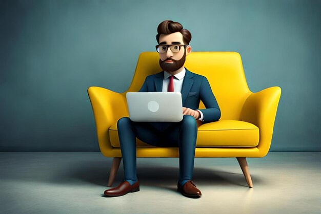 3d character businessman sitting in a chair with laptop with business concept