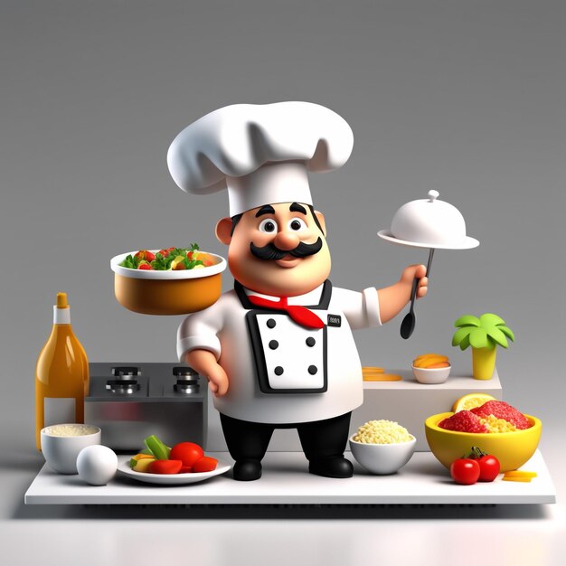 3d character cartoon chef on white paper background full body isloted background