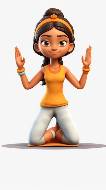 A 3d character cartoon of a girl kneeling on a white background