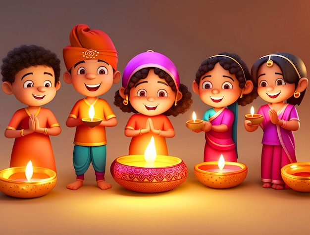 Foto personaggio 3d di cartoon kids che celebra il festival di diwali e fa pooja su uno sfondo semplice