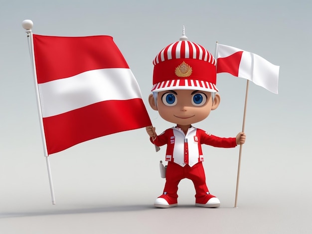 3Dキャラクターがインドネシアの独立記念日を祝う インドネシア国旗と大きな国旗を握る