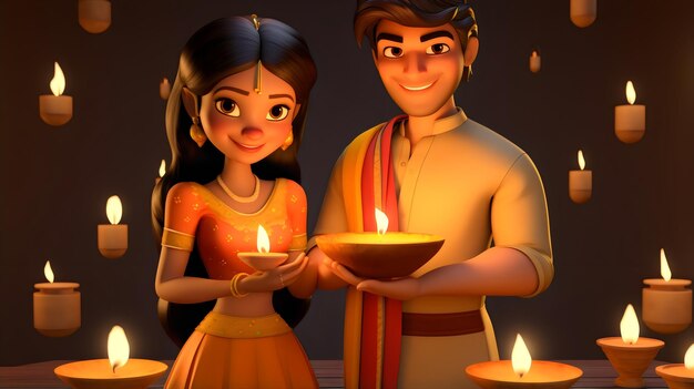 3d Character couple celebrating diwali and karwa chauth