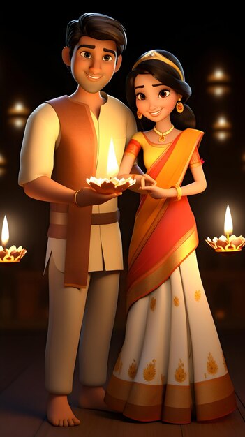 3d character couple celebrating diwali and karwa chauth