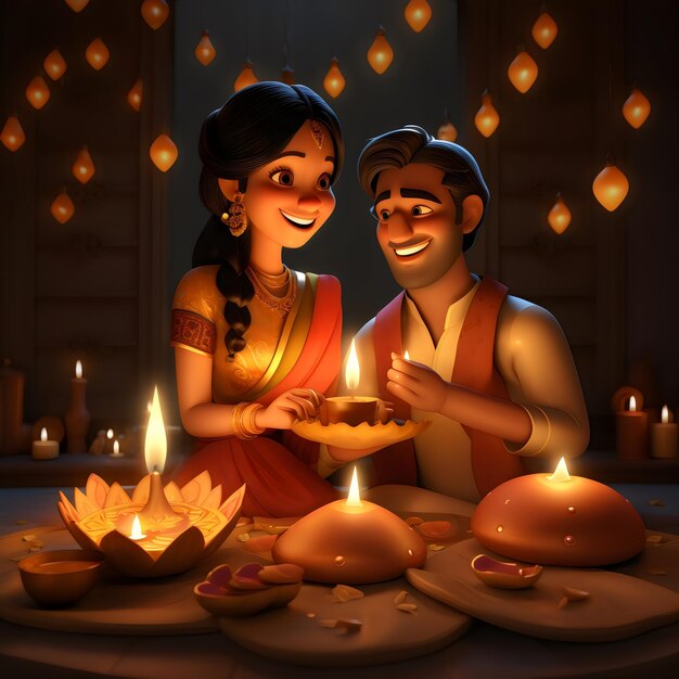 Photo 3d character couple celebrating diwali and karwa chauth