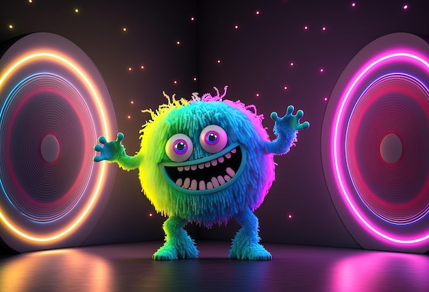 3D character cute monster dancing in a nightclub The funny toothy alien is having fun at the party on stage in neon light AI generated