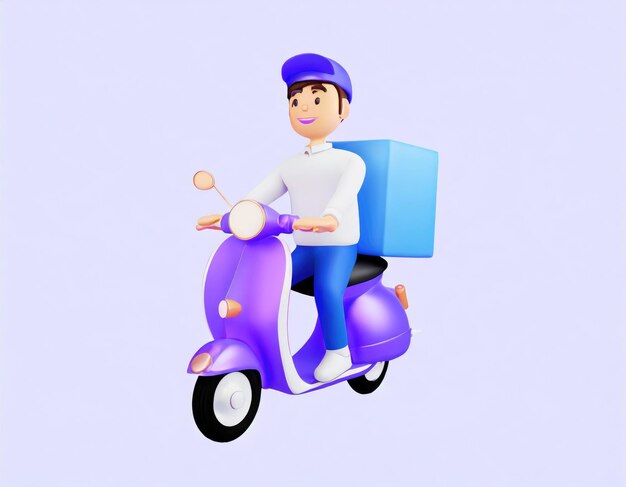 Фото 3d-персонаж доставщик едет на мотоцикле с коробкой доставки, сгенерированной ии
