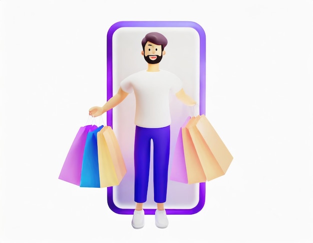 Photo 3d character e shop shopping concept with characters commercial checkout pay ecommerce retail on device for customer application ai generated