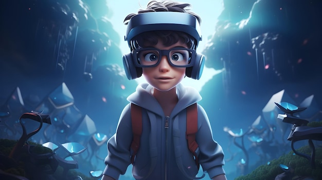 3D character exploring a digital world with virtual reality glasses