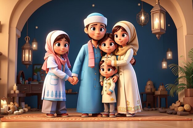 3D Character Family Hugging On Eid Mubarak