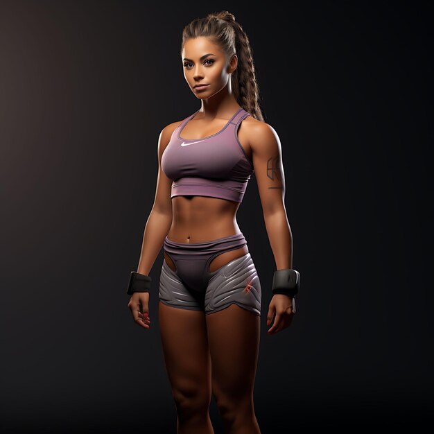 Foto personaggio 3d atleta femminile muscolare pelle abbronzata pallacche ginnasta sweatb game asset design art