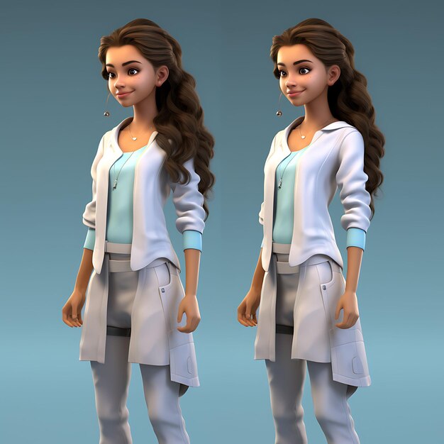 3d character female doctor slim light skin stethoscope medic scrubs ponyt game asset design art