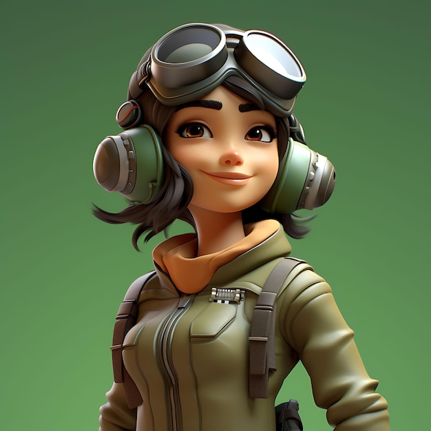 3d character female pilot slim olive skin aviator goggles flyer pilot cap game asset design art