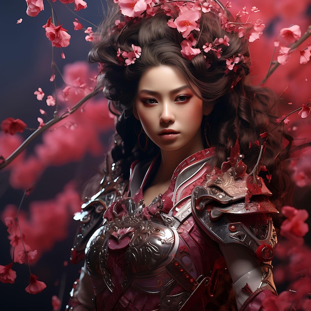 Фото 3d-персонаж женская самурайская принцесса элегантная красная с нагината n игровой актив дизайн искусство
