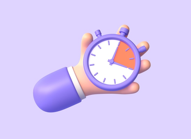 Photo 3d character hand holding stopwatch illustration in minimalistic cartoon styletimer on purple background 3d rendering