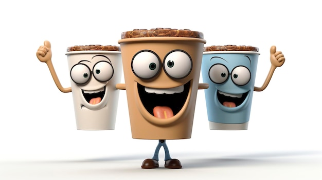 Foto personaggio 3d che tiene tazze di caffè di marca