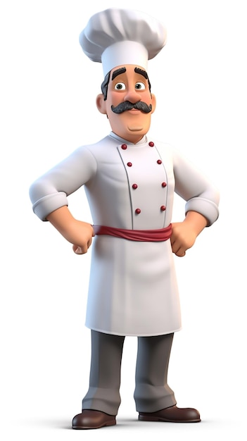 남자 요리사의 3D 캐릭터가 카메라 생성 AI를 보고 있습니다.