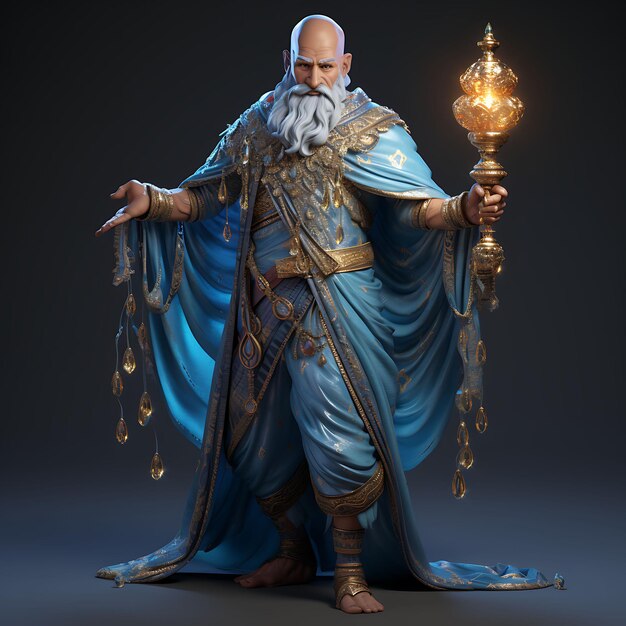 3d character male djinn slender azure blue holding a magic lamp genie tur game asset design art