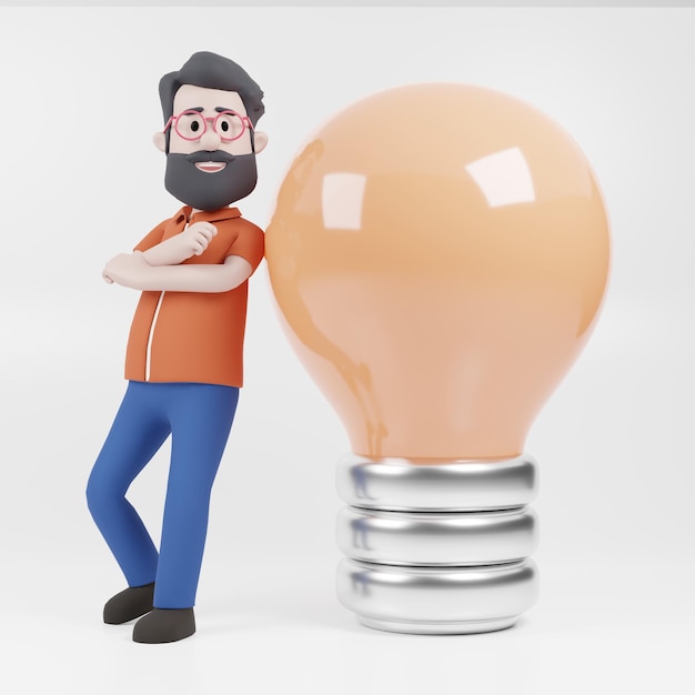 3D Character Man Leaning on the light bulb