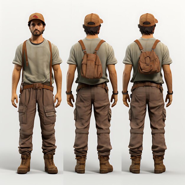 3D Character Model Simple Minimalist Sheets with Turnaround Concepts Showing Different Jobs