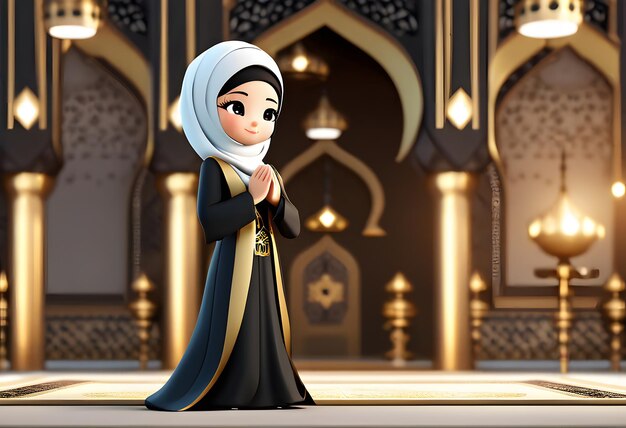 モスクでの 3 d キャラクターのイスラム教徒のヒジャブの女の子のかわいい笑顔