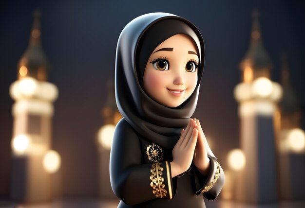 3d character muslim hijab girl cute smile at mosque