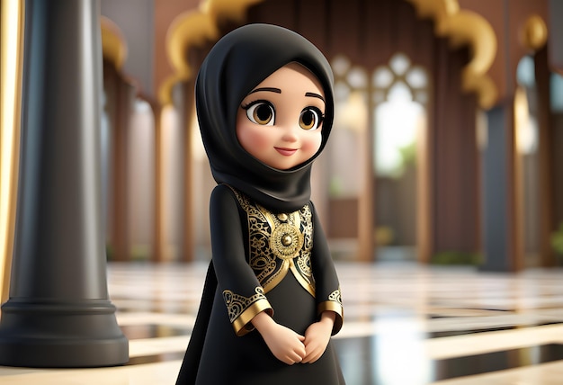 3d character muslim hijab girl cute smile at mosque