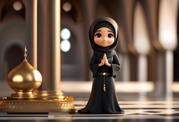 3d character muslim hijab girl cute smile at mosque