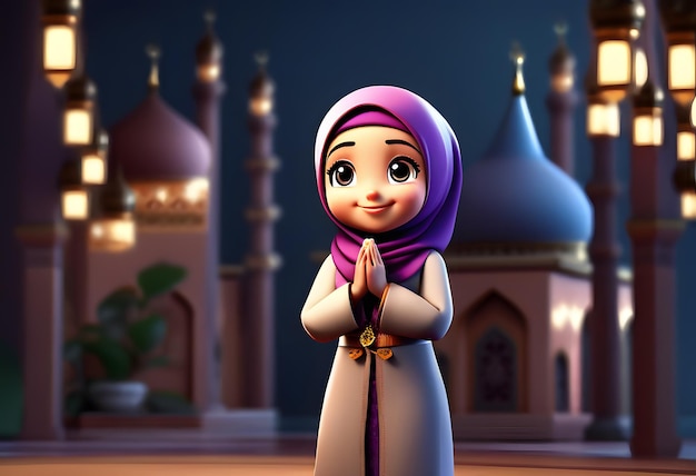 3d character muslim hijab girl cute smile at mosque