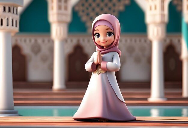 3d character muslim hijab girl cute smile at mosque