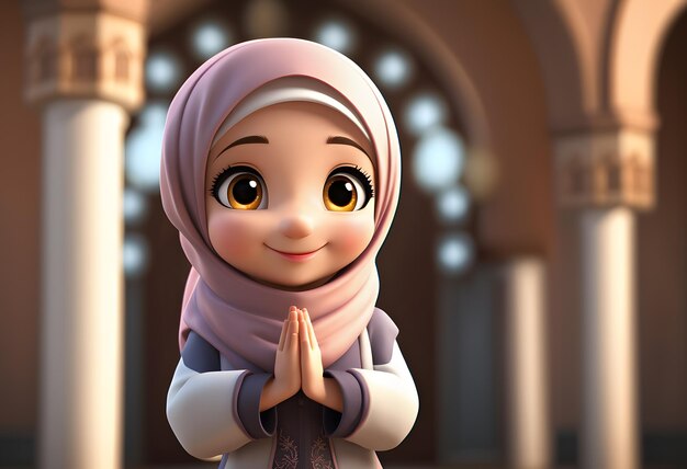 3d character muslim hijab girl cute smile at mosque