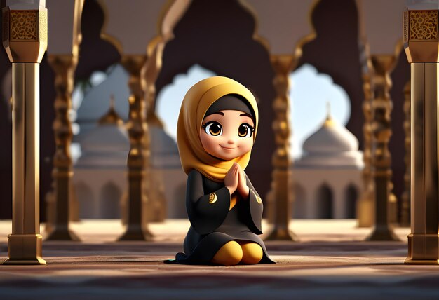 3d character muslim hijab girl cute smile at mosque