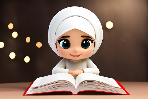 3D Character muslim hijab girl cute smile read book