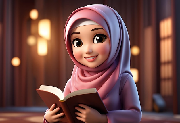 3D 캐릭터 이슬람 hijab 소녀 귀여운 미소 읽기 책