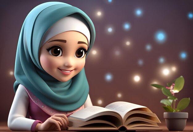 3d character muslim hijab girl cute smile read book