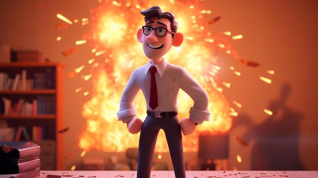 3D-персонаж офисного работника на огненном фоне Генеративный ИИ
