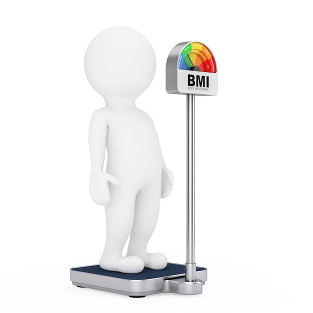 Photo 3d character person on a medical weight control floor scale with bmi or body mass index scale meter dial gage on a white background. 3d rendering