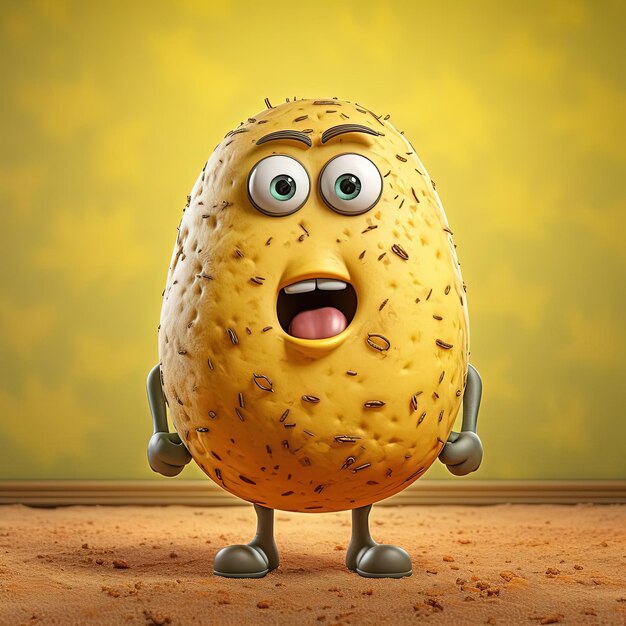 Photo 3d character of a potatoes standing in a yellow background in the style of powerful and emotive