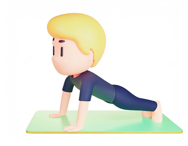 Photo 3d character practicing yoga doing push and press ups plank pose ai generated