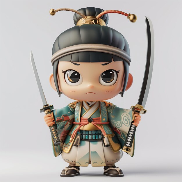 3d character of a samurai girl in a kimono with katanas on a white background