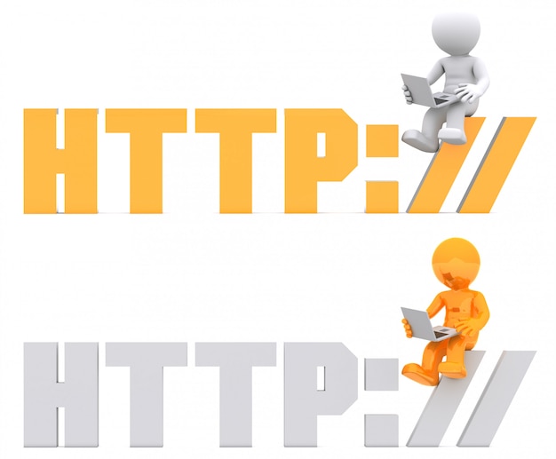 Photo 3d character sitting on http sign.