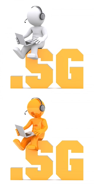 3d character sitting on .SG domain name.