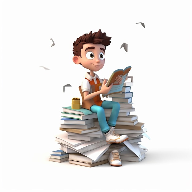 3d character studying on a laptop while sitting on books