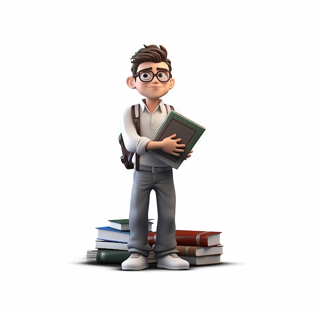 3d character studying on a laptop while sitting on books