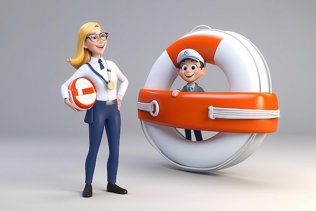 Photo 3d character with lifebuoy euro coin