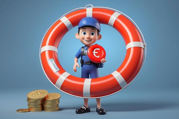 Photo 3d character with lifebuoy euro coin