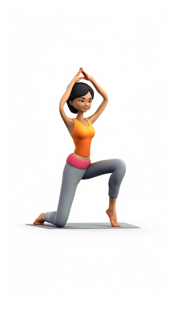 A 3d character woman doing yoga in a white background