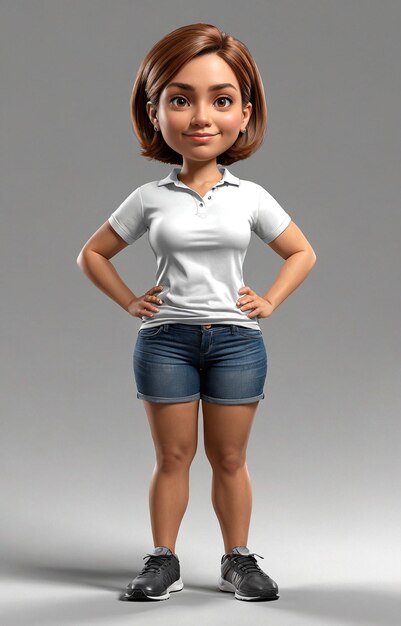 Photo a 3d character of a woman in a white shirt and blue shorts