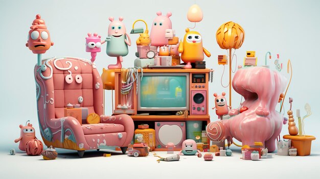 3D Characters Creating a Cozy TV Watching Corn