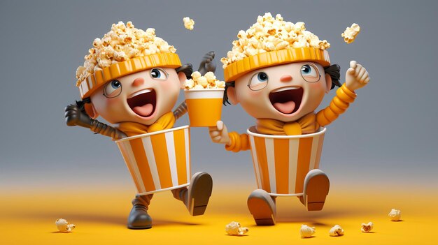 Фото 3d-персонажи, показывающие вкусный попкорн