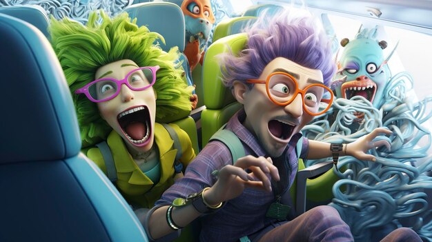 Photo 3d characters experiencing turbulence on an airplane